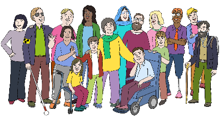 Viele Menschen sind auf dem Bild. Alle sind unterschiedlich. Einer hält einen Blindenstock in der Hand, andere sitzen im Rollstuhl. Eine Frau trägt ein Kopftuch. Sie alle lachen.